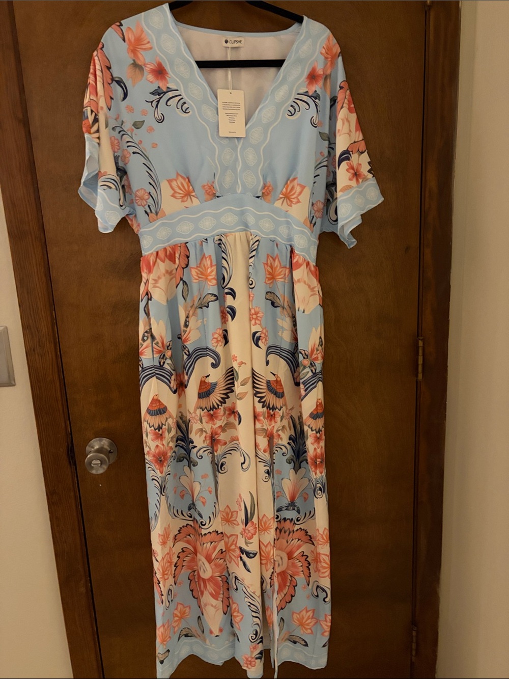 Cupshe Light Blue Floral & Cream Maxi Dress with Coral Accents